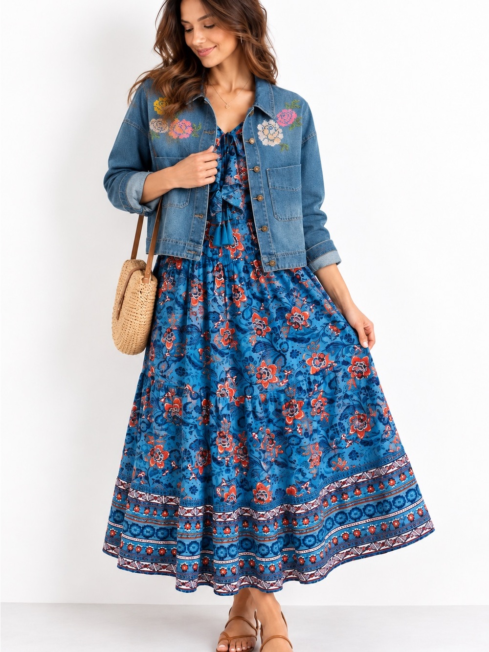 Easel Floral Embroidered Denim Jacket – Blue Cropped Button Front Jean Jacket